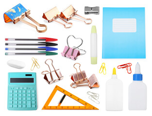 Paper clips and other stationery isolated on white, set