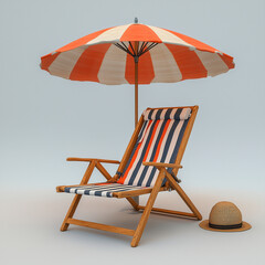 beach lounger and bright umbrella, luggage with hat in vintage style, summer theme, isolated white background