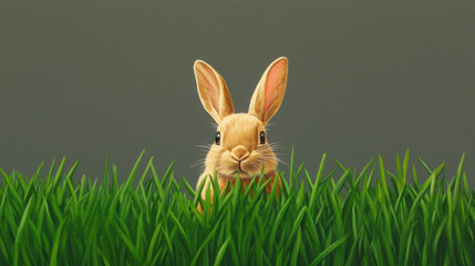 cute rabbit peeking through tall green grass in serene setting