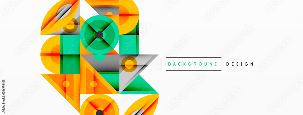 Poster dynamic geometric composition with sharp angles, circular forms, and gradient colors