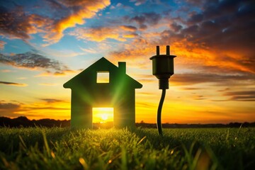 Fototapeta premium Silhouette of Green Energy House with Power Plug at Sunset