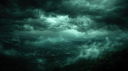 Obraz premium Dramatic storm clouds loom over misty valley, creating eerie atmosphere. dark sky casts shadows, enhancing sense of foreboding