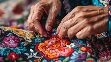 A close-up of hands skillfully embroidering a vibrant floral design onto fabric.