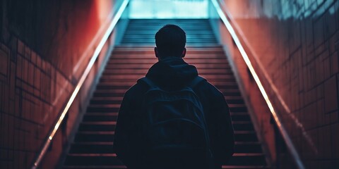 Silhouette of Man in Hoodie Ascending Dramatic Urban Stairway : Generative AI