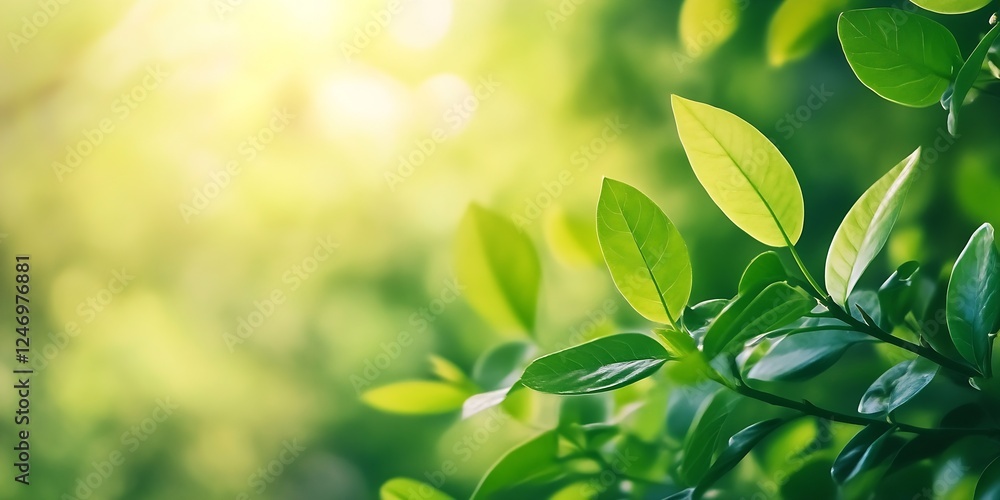 Poster Close up view of vibrant green leaves with soft sunlight filtering through : Generative AI