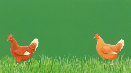 Fototapeta premium Chickens walking in green grass, enjoying sunny day outdoors