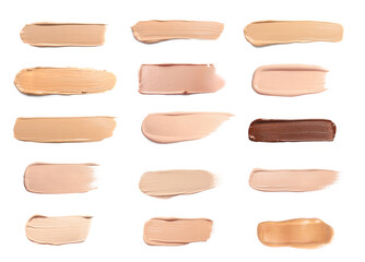 Liquid foundation of different shades. Samples on white background, set