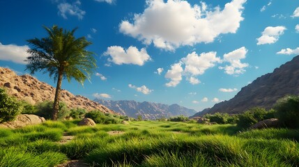 Fototapeta premium Lush Green Oasis in Desert Mountain Landscape
