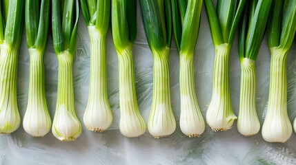 leek arranged in rows and top view on white background