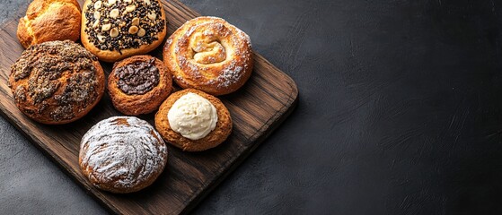 Assorted Sweet Buns on Wooden Board with Dark Background Delicious Pastries for Breakfast