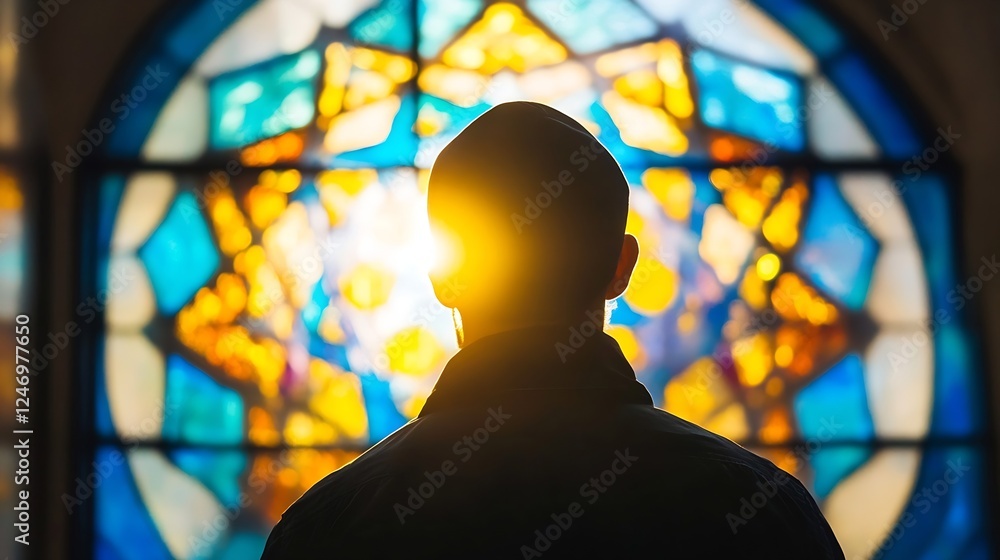 Poster contemplative moment silhouette of man in front of stained glass window : generative ai