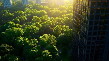 Lush Green Park Beside Modern Highrise at Sunset