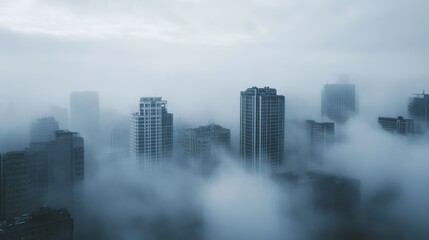 Misty Cityscape: Skyscrapers in a Foggy Atmosphere