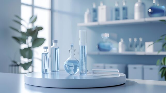 Cosmetic podium display featuring glass flask and cylinder equipment in a modern medical science lab background. 3D rendered, professional and clean