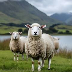 Fototapeta premium Serene Rural Landscape with Sheep by the Lake