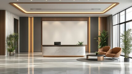 Fototapeta premium A modern reception area featuring a sleek desk, stylish chairs, plants, and ample natural light, creating a welcoming atmosphere.