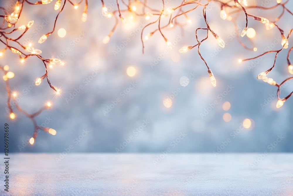 Aufkleber festive string lights dangling over snowy winter background for joyous celebrations : generative ai