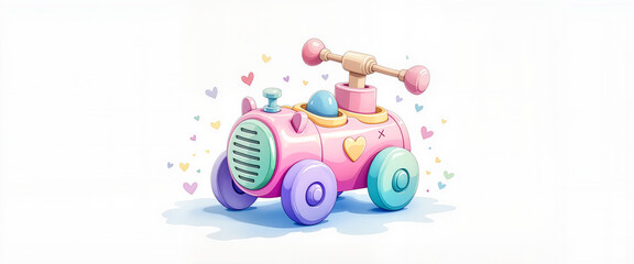 Obraz premium Colorful baby toy car with hearts on light background, fun childhood