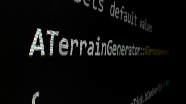 Closeup macro shot movement of coding script moving across LED screen with real-time AI-generated typing, showcasing advanced AI learning in optimization, debug and coding for software development.