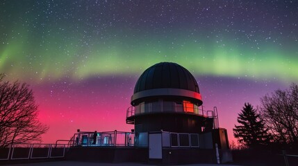 Obraz premium A stunning observatory under a vibrant aurora borealis, showcasing a night sky filled with colorful lights and stars.