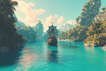 Obraz premium Image of a grand pirate ship traversing the Caribbean waters