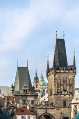Fototapeta premium Historical Gothic Medieval Prague castle and church complex, St. Vitus Cathedral, Charles Bridge, astronomical clock, Basilica of St. George, Unesco city tourism