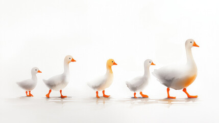 Obraz premium Waddling goose family walking together near serene pond, showcasing unity