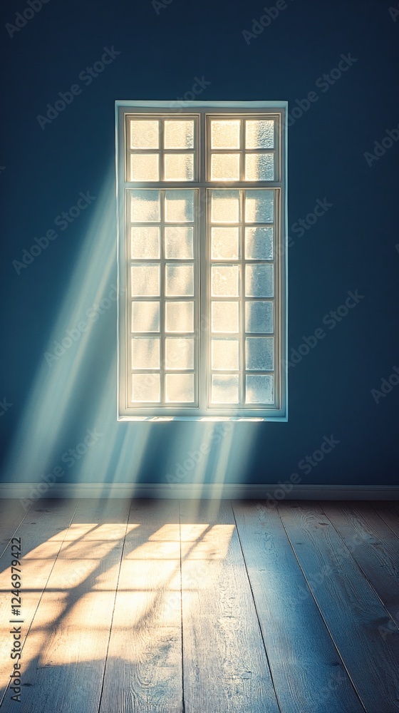 Poster sunlight streaming through frosted window casting dramatic shadows on wooden floor in empty room