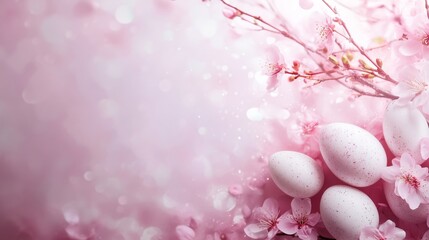Fototapeta premium Easter eggs nestled among delicate spring flowers create a beautiful, soft pink background, perfect for Easter celebrations