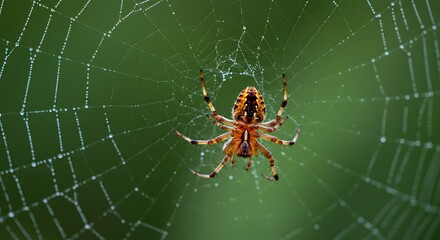 Intricate Spider Web Glimmering with Dew Drops in Nature