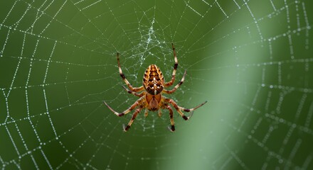 Intricate Spider Weaving a Web with Dew Drops in Nature