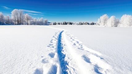 Obraz premium Snow-covered field with trees and clear blue sky