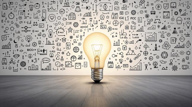 Glowing Light Bulb on Concrete Floor with Hand-Drawn Scientific Doodles on White Wall