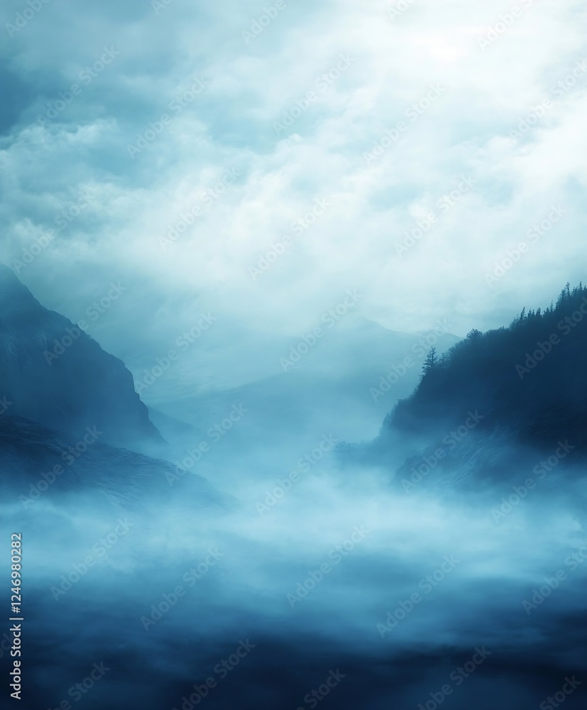 Poster misty mountain range creating a mystical atmosphere at dawn : generative ai