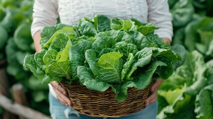 fresh lettuce in a basket held by a farmer