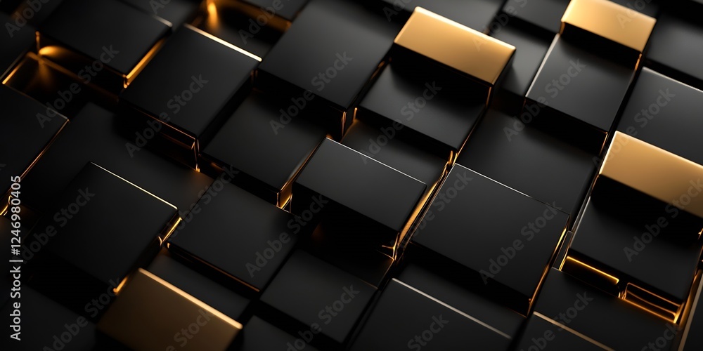 Poster luxurious black and gold abstract geometric background with glossy cubes : generative ai