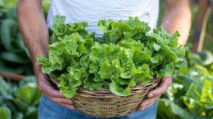 a woven basket with fresh lettuce from the garden