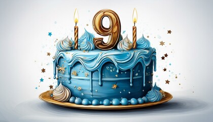 Illustration of decorated blue cake for birthday or anniversary party. Number 9, ninth birthday celebration