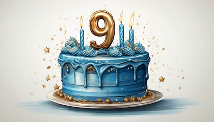 Illustration of decorated blue cake for birthday or anniversary party. Number 9, ninth birthday celebration