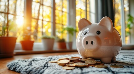 Piggy bank, coins, autumn window, savings, home