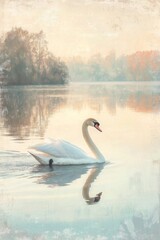 Fototapeta premium Swan floating on calm water at sunrise, with soft reflections on surface, tranquil backdrop of muted colors