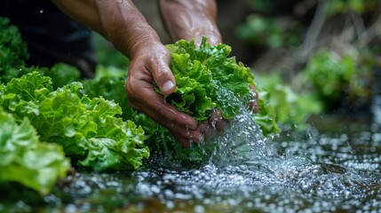 fresh lettuce being washed in the river