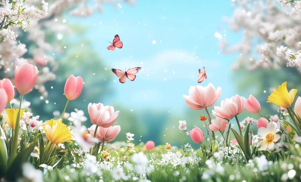 Beautiful pink tulips and white daffodils blooming in a spring garden with butterflies flying