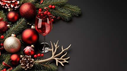 Christmas wine, red ornaments, festive background