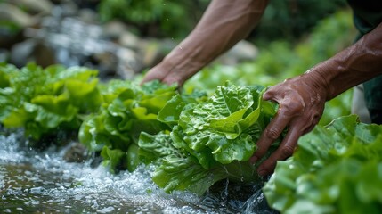 lettuce are being washed in the river