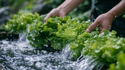 someone washes a bunch of fresh lettuce in the river
