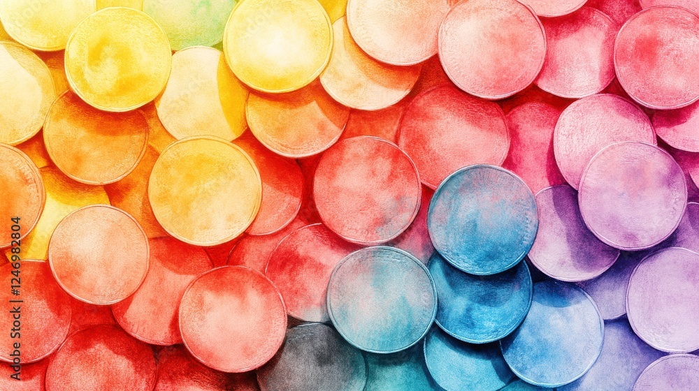 Poster a vibrant array of colorful circles in a watercolor style, transitioning smoothly from warm yellows 