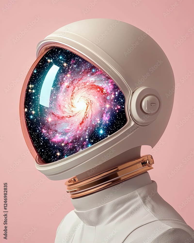 Poster astronaut helmet reflecting a cosmic spiral galaxy in a dreamy artistic rendering with soft color pa