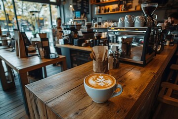 Cozy and Inviting Coffee Shop Interior with Wooden Furnishings Latte on Table and Bright Lighting