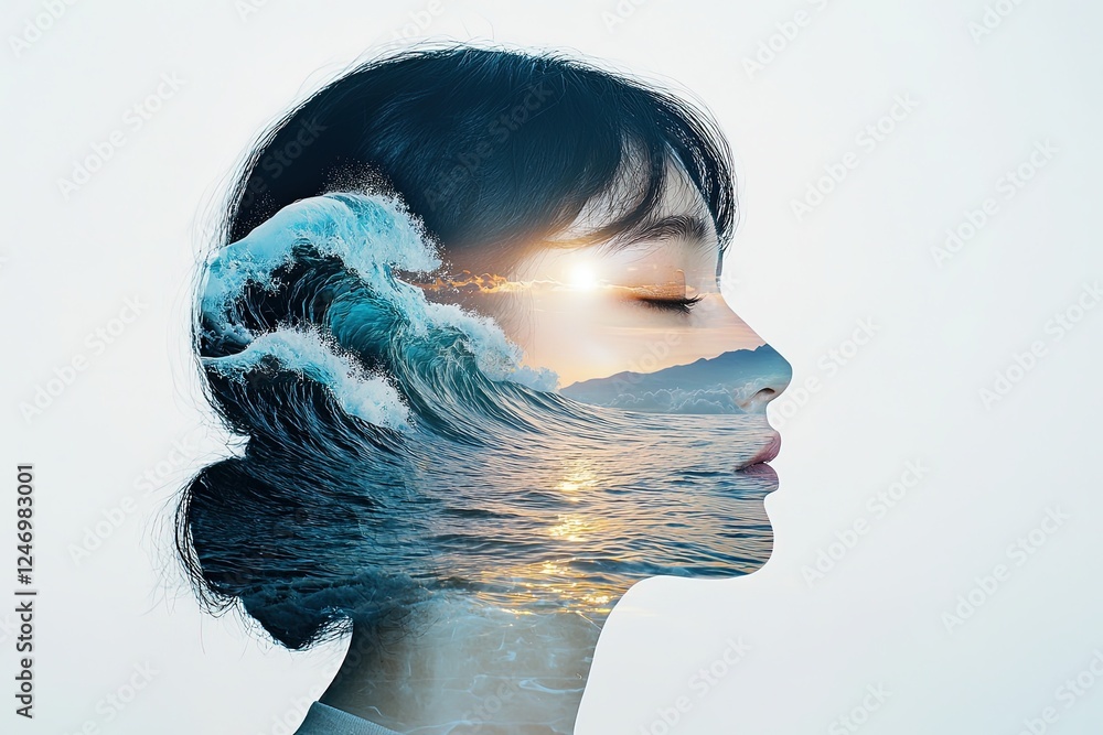 Poster minimalist double exposure artwork featuring a serene face and ocean waves in a calm and reflective 